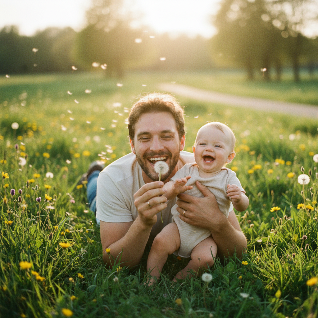 Vater mit Kleinkind – beide albern auf einer Decke im Garten, Gras und Blumen um sie herum, warmes Sonnenlicht