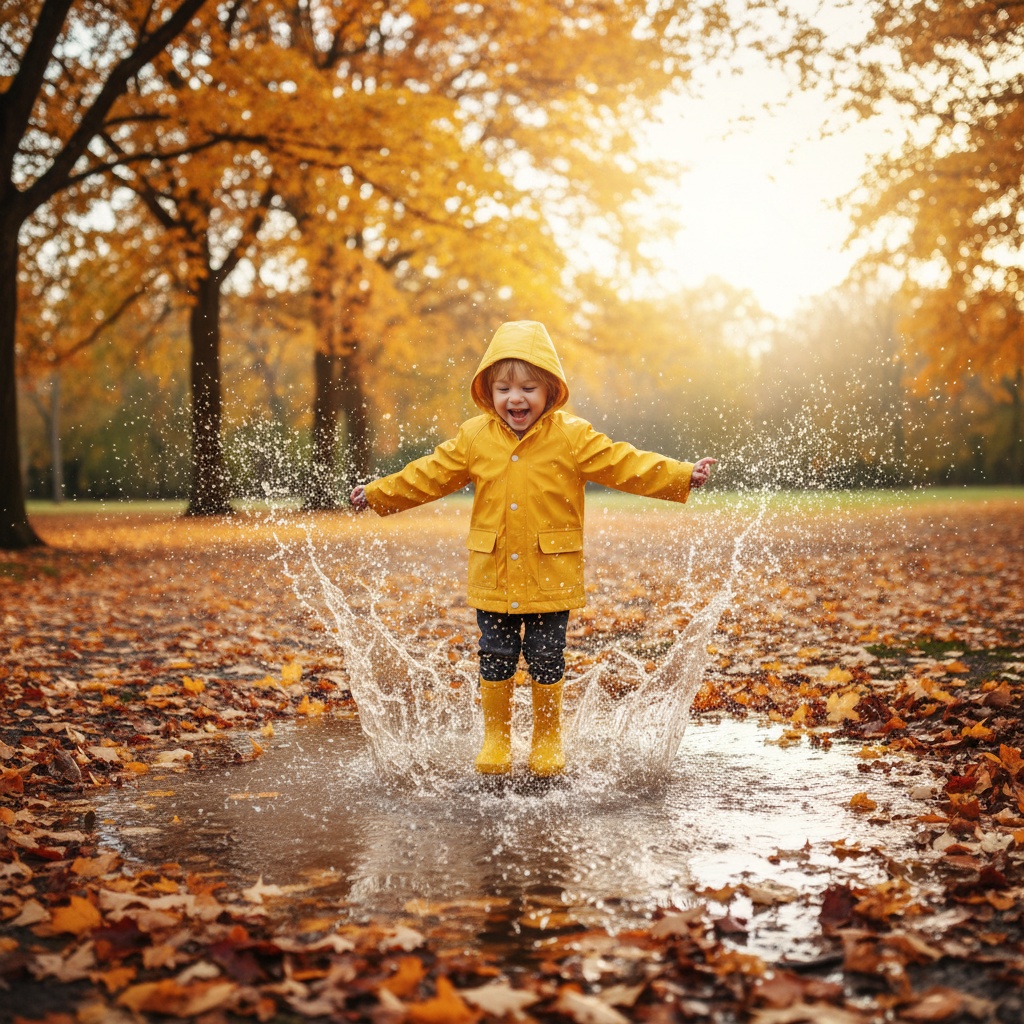 Kind (3 Jahre) springt mit Gummistiefeln in eine große Pfütze, Wasser spritzt hoch, Herbstlaub und goldene Blätter