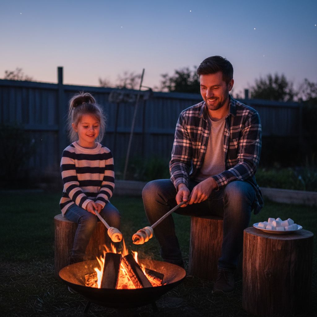 Vater und Kind (ca. 5 Jahre) sitzen an einem kleinen Lagerfeuer im Garten, Stockbrot über den Flammen, Abenddämmerung