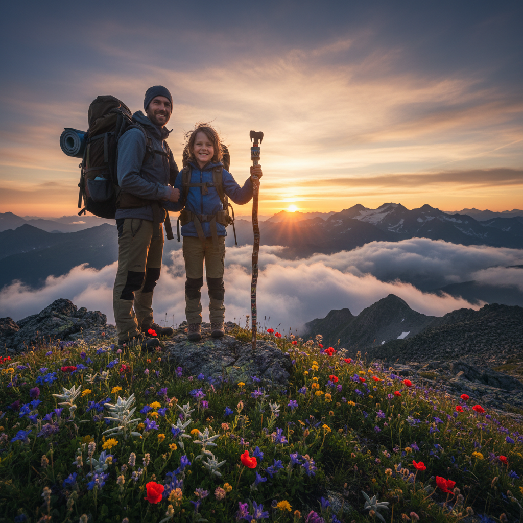 Vater und Grundschulkind (ca. 8 Jahre) stehen auf einem Berggipfel, Alpenpanorama im Hintergrund, Kind mit selbstgebautem Wanderstock
