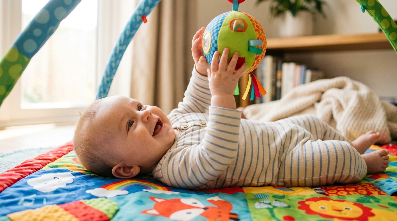 Baby auf Spielmatte greift nach Spielzeug