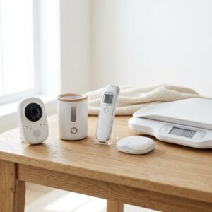 Smart Baby Tech Gadgets - Baby Monitor, Flaschenwärmer, Thermometer auf modernem Tisch