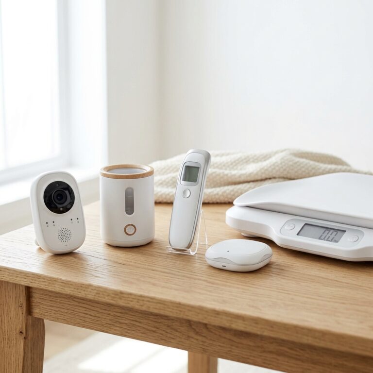 Smart Baby Tech Gadgets - Baby Monitor, Flaschenwärmer, Thermometer auf modernem Tisch