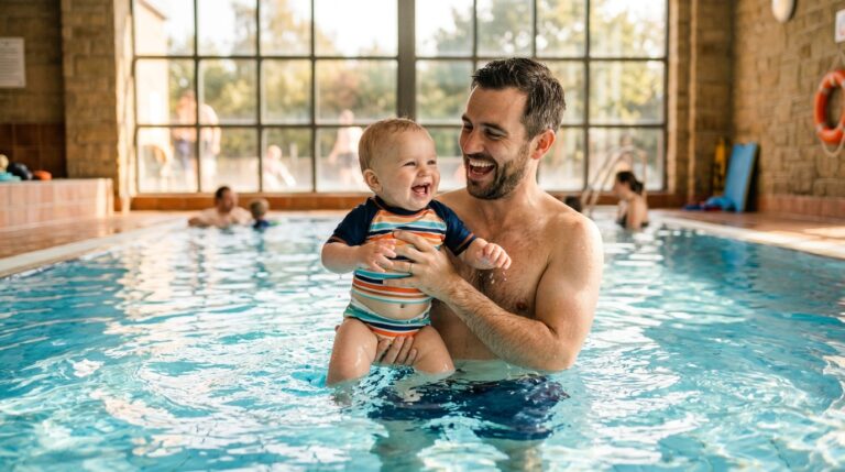 Babyschwimmen Österreich - Vater mit Baby im Wasser