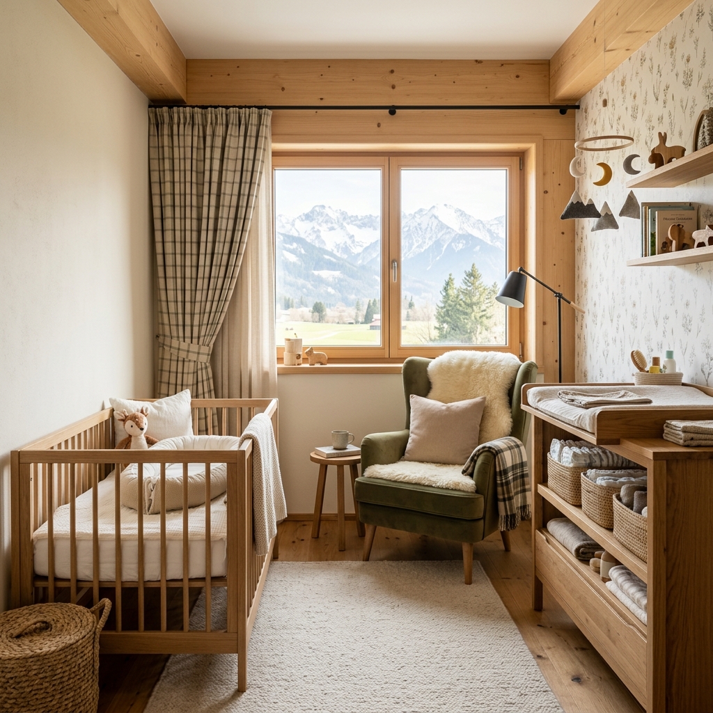 Moderne Kinderzimmer-Einrichtung mit Babybett, Wickelkommode und Sessel