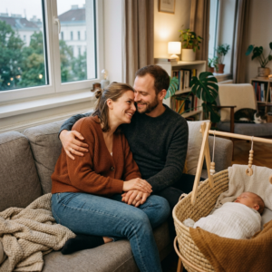 Paar kuschelt auf der Couch, Baby schläft im Beistellbett daneben