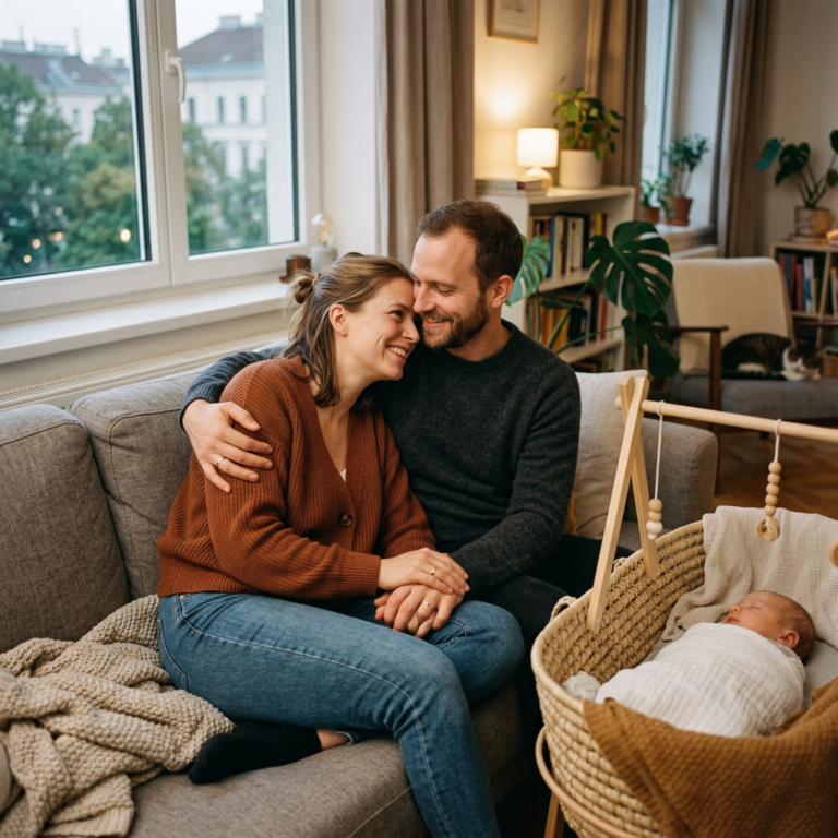Paar kuschelt auf der Couch, Baby schläft im Beistellbett daneben
