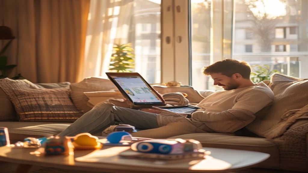 Vater mit Baby auf der Couch, am Tablet Prime Day Deals durchstöbernd