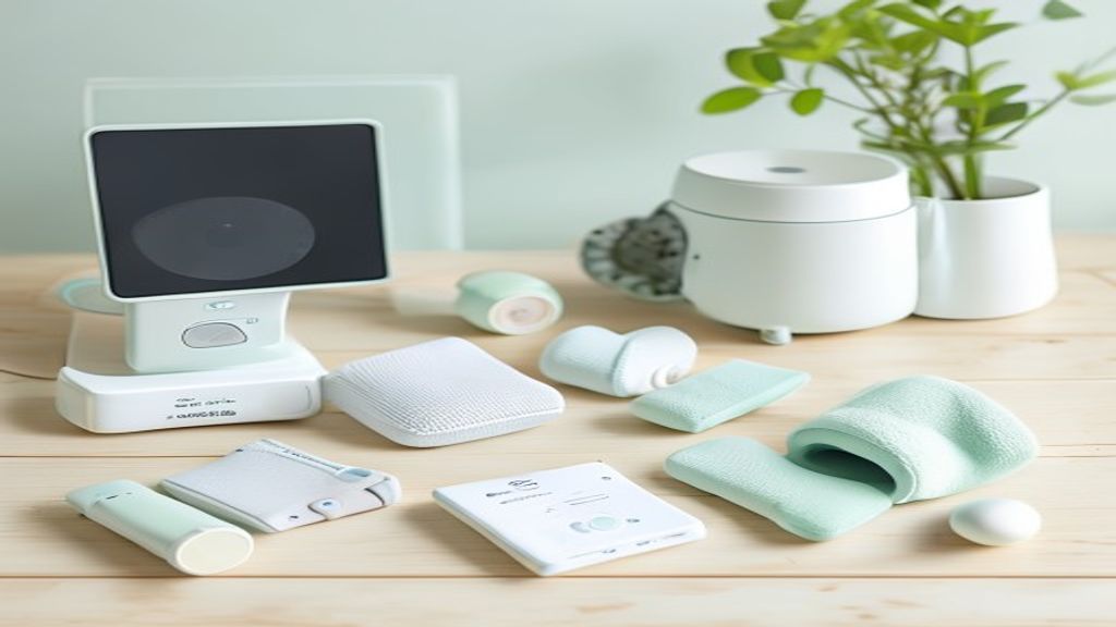 Moderne Baby-Tech-Gadgets im Flat Lay: Babyphone, Wearables, Milchpulver-Automat, Sound Machine