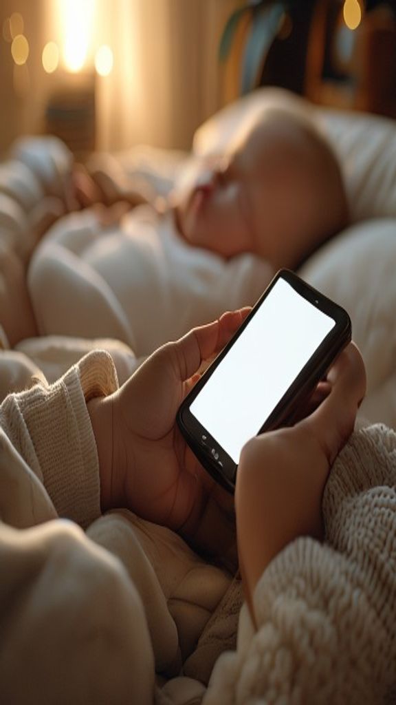 Vater am Smartphone mit Amazon Prime Day App, Baby schläft im Hintergrund