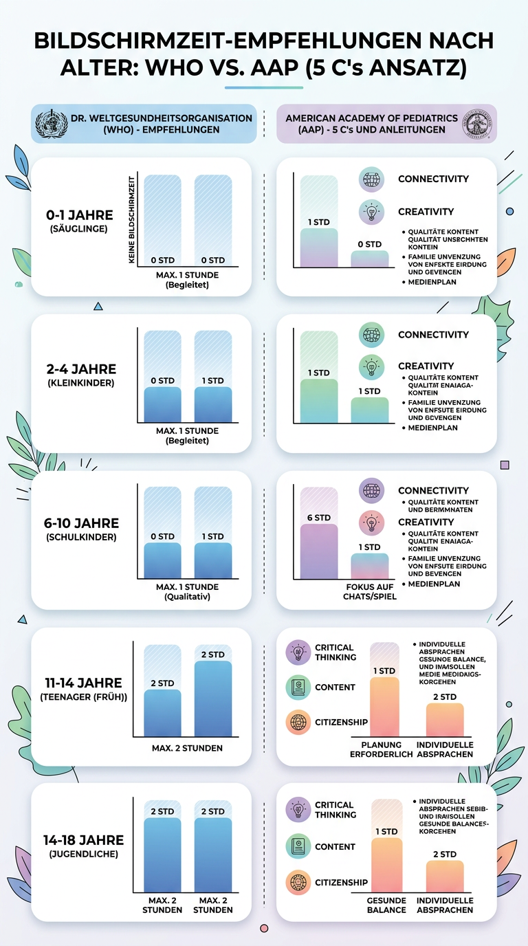 Infografik mit altersgerechten bildschirmzeit empfehlungen der WHO und AAP für kinder von 0 bis 18 jahren, übersichtliche darstellung der richtlinien nach altersgruppen, quelle WHO 2025 und AAP 2026