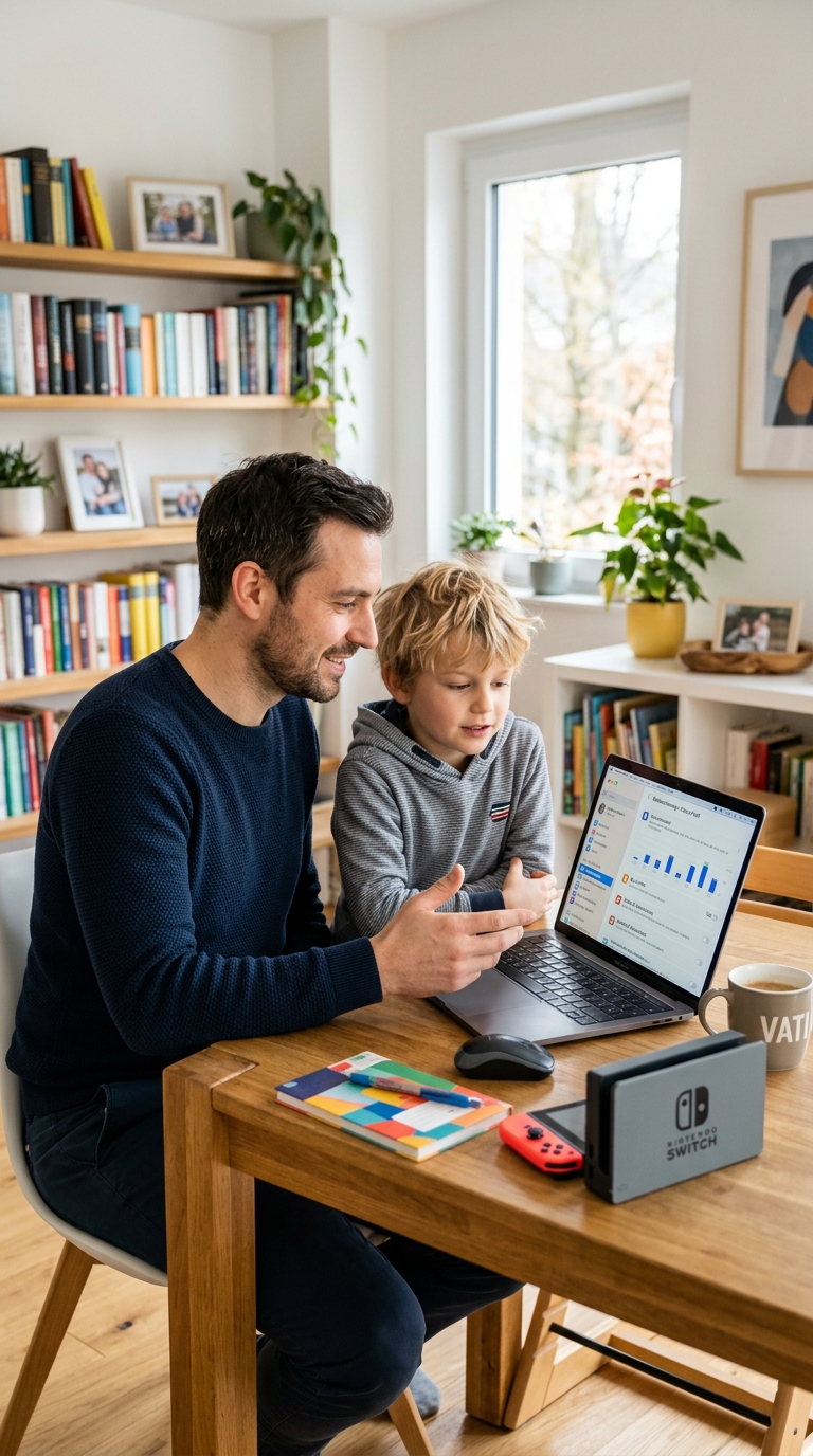 Vater erklärt Kind Kindersicherungseinstellungen am Laptop
