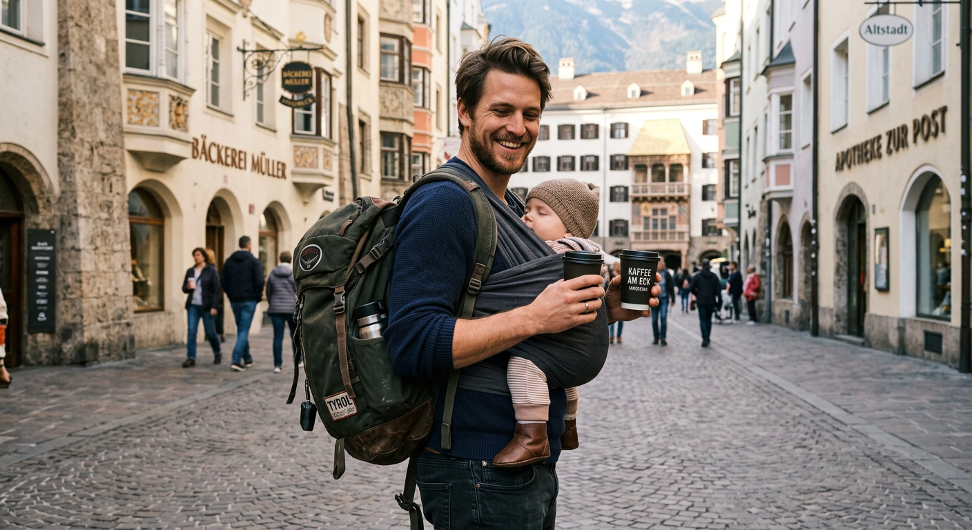 Junger Vater mit Rucksack und Baby in der Stadt