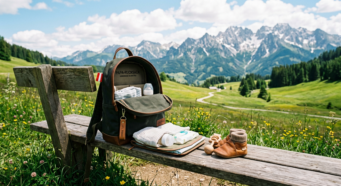 Papa-Rucksack auf Parkbank mit Alpenblick