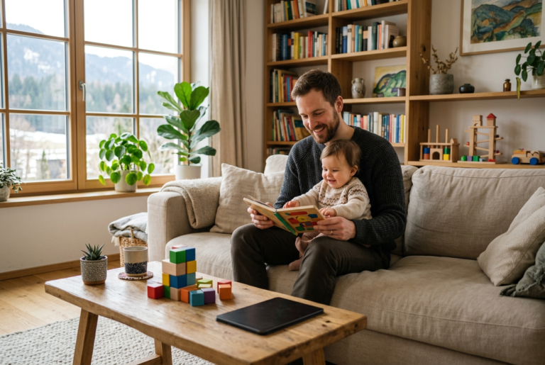 Familie im Wohnzimmer - bewusste Mediennutzung ohne Bildschirme - Digitale Balance für Kinder