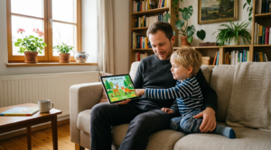 Vater sitzt mit seinem Kind auf der Couch und zeigt ihm gemeinsam ein Tablet mit Bildungsinhalten, digitale erziehung im familienalltag, modernes vatersein