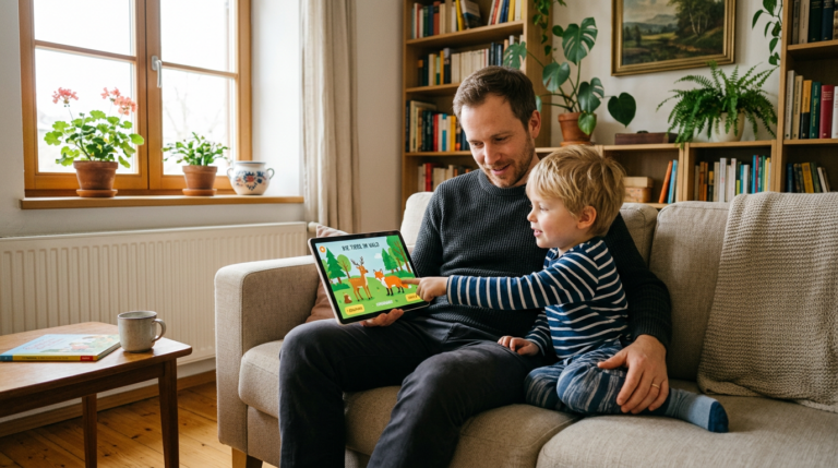 Vater sitzt mit seinem Kind auf der Couch und zeigt ihm gemeinsam ein Tablet mit Bildungsinhalten, digitale erziehung im familienalltag, modernes vatersein