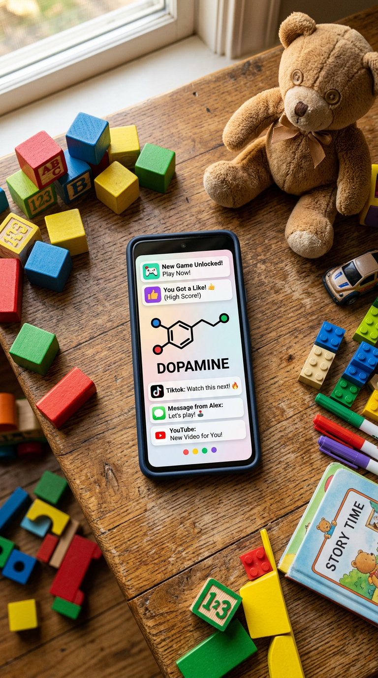 Smartphone mit benachrichtigungen und dopamin-molekül umgeben von kinderspielzeug auf holztisch, darstellung der dopamin-falle bei kindern durch soziale medien und bildschirmzeit