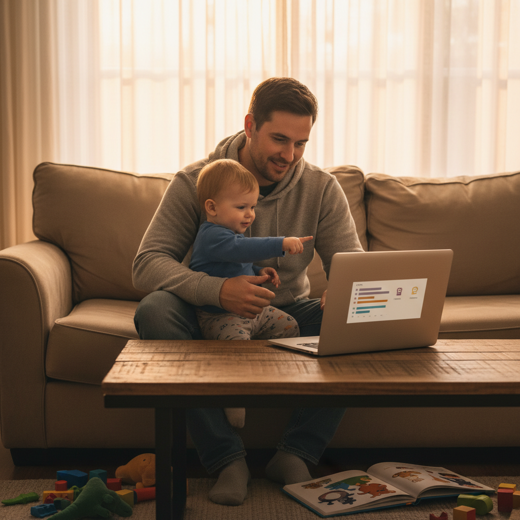 Vater mit Kleinkind auf dem Schoß am Laptop arbeitend