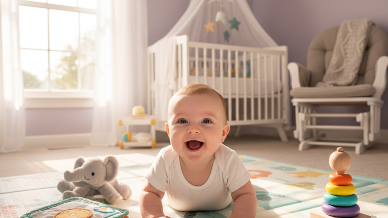 Glückliches Baby auf einer Krabbeldecke umgeben von Spielzeug - Entwicklungsschübe bei Babys