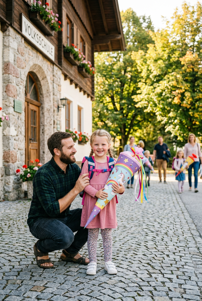 Papa mit Kind am ersten Schultag mit Schultüte
