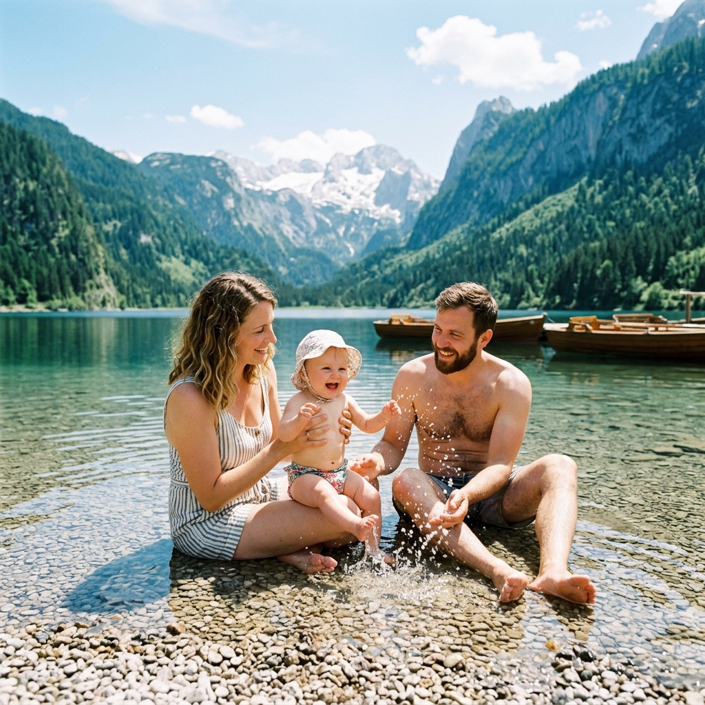 Familie mit Baby am Seeufer in den oesterreichischen Alpen