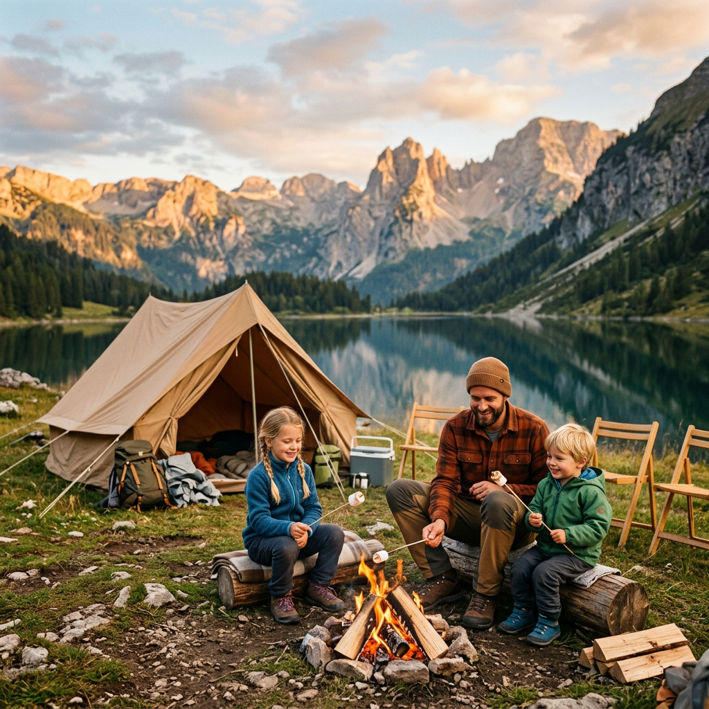 Familie beim Zelten in den österreichischen Alpen mit Lagerfeuer