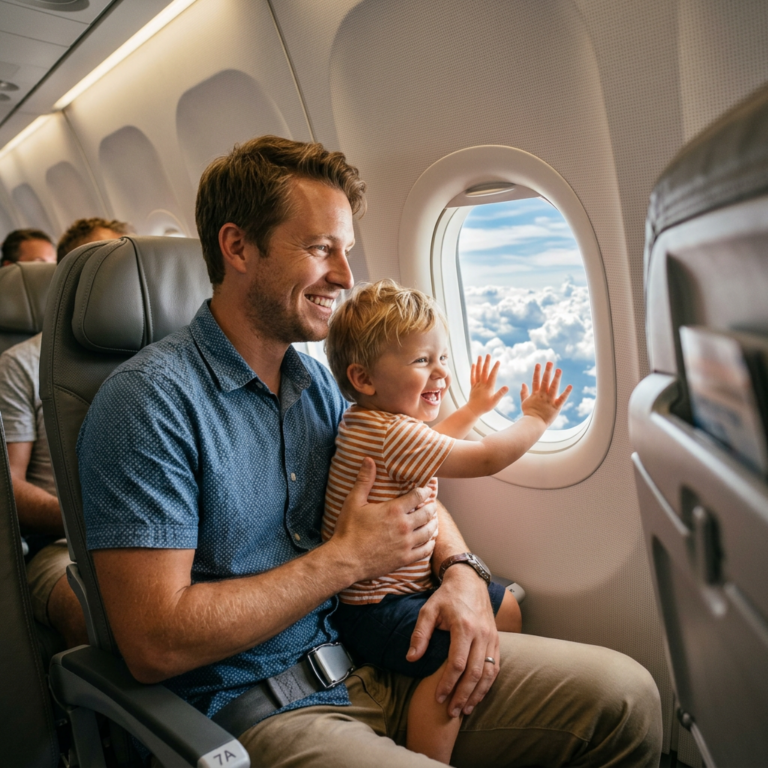 Glücklicher Vater mit Kind am Flugzeugfenster bei Familienflug