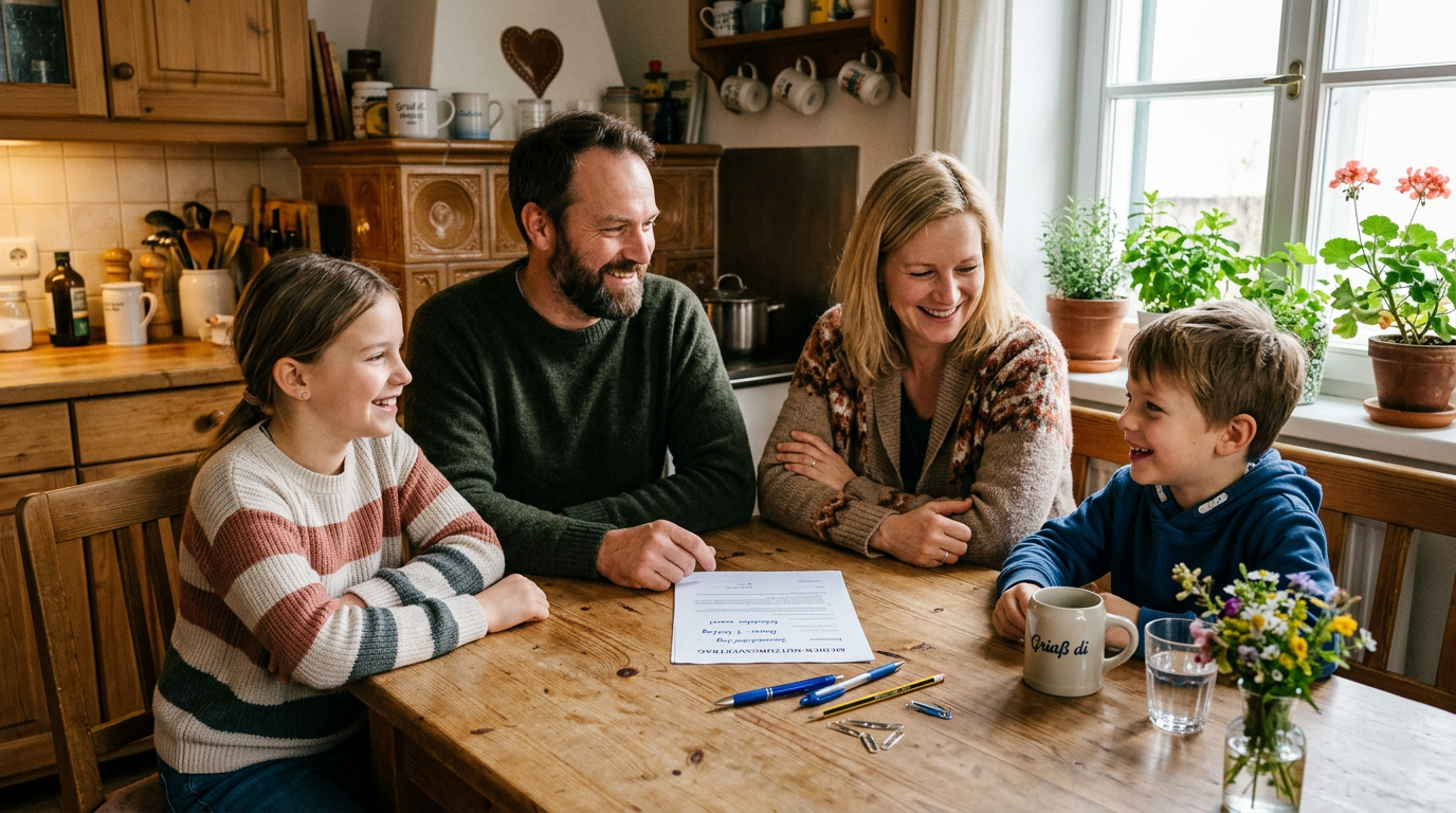 Familie sitzt gemeinsam am küchentisch mit mediennutzungsvertrag und bespricht bildschirmzeit regeln für kinder, familien-medienplan wird gemeinsam erstellt