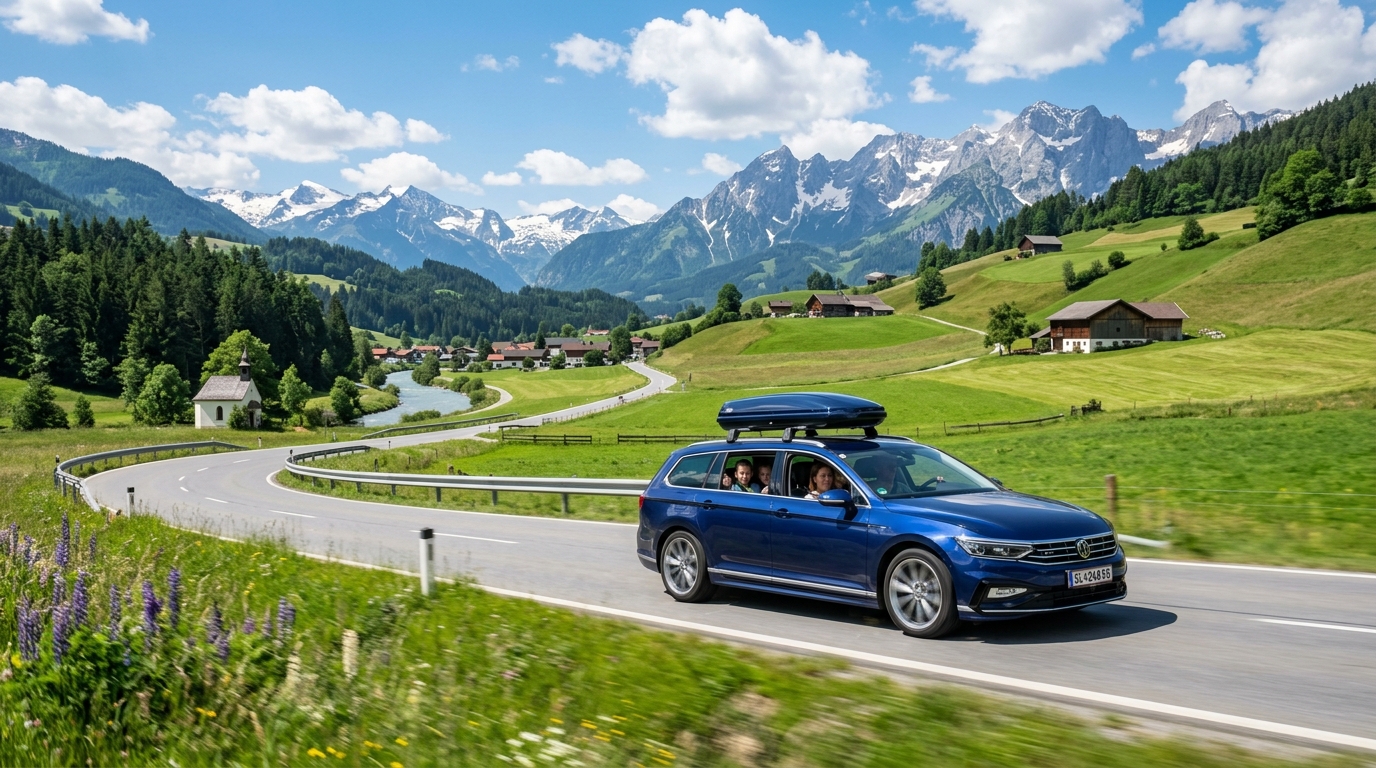 Familienauto auf österreichischer Landstraße mit Alpenpanorama
