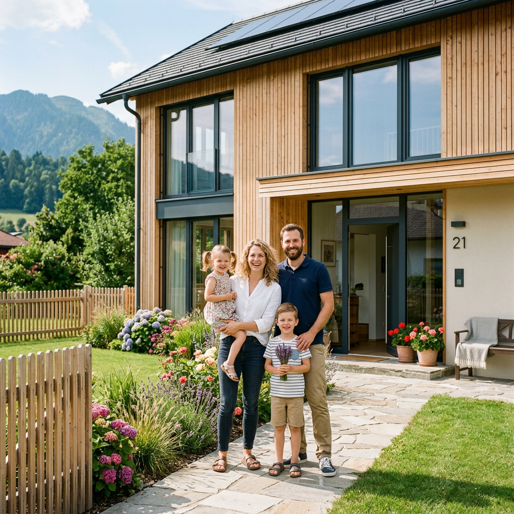Junge Familie vor Einfamilienhaus mit Garten in Österreich