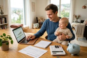 Finanzplanung für junge Familien in Österreich 2026 – Papa am Laptop mit Baby, Finanzunterlagen und Sparschwein