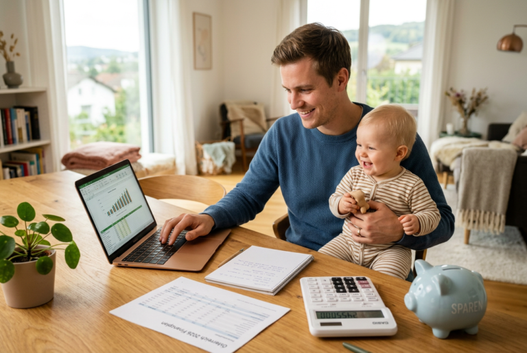 Finanzplanung für junge Familien in Österreich 2026 – Papa am Laptop mit Baby, Finanzunterlagen und Sparschwein