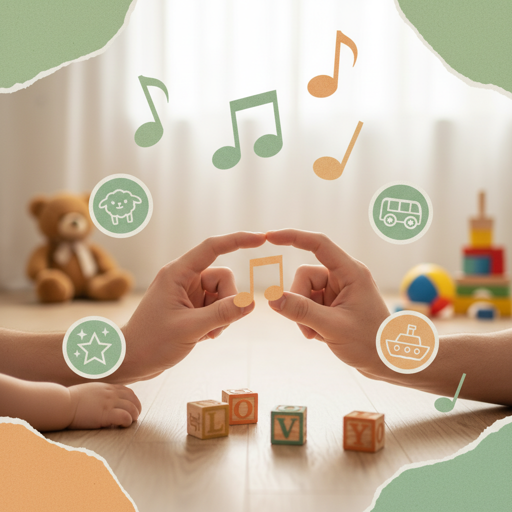 Vaterhände machen Fingerspiele mit Kleinkind, umgeben von Musiknoten und Buchstaben