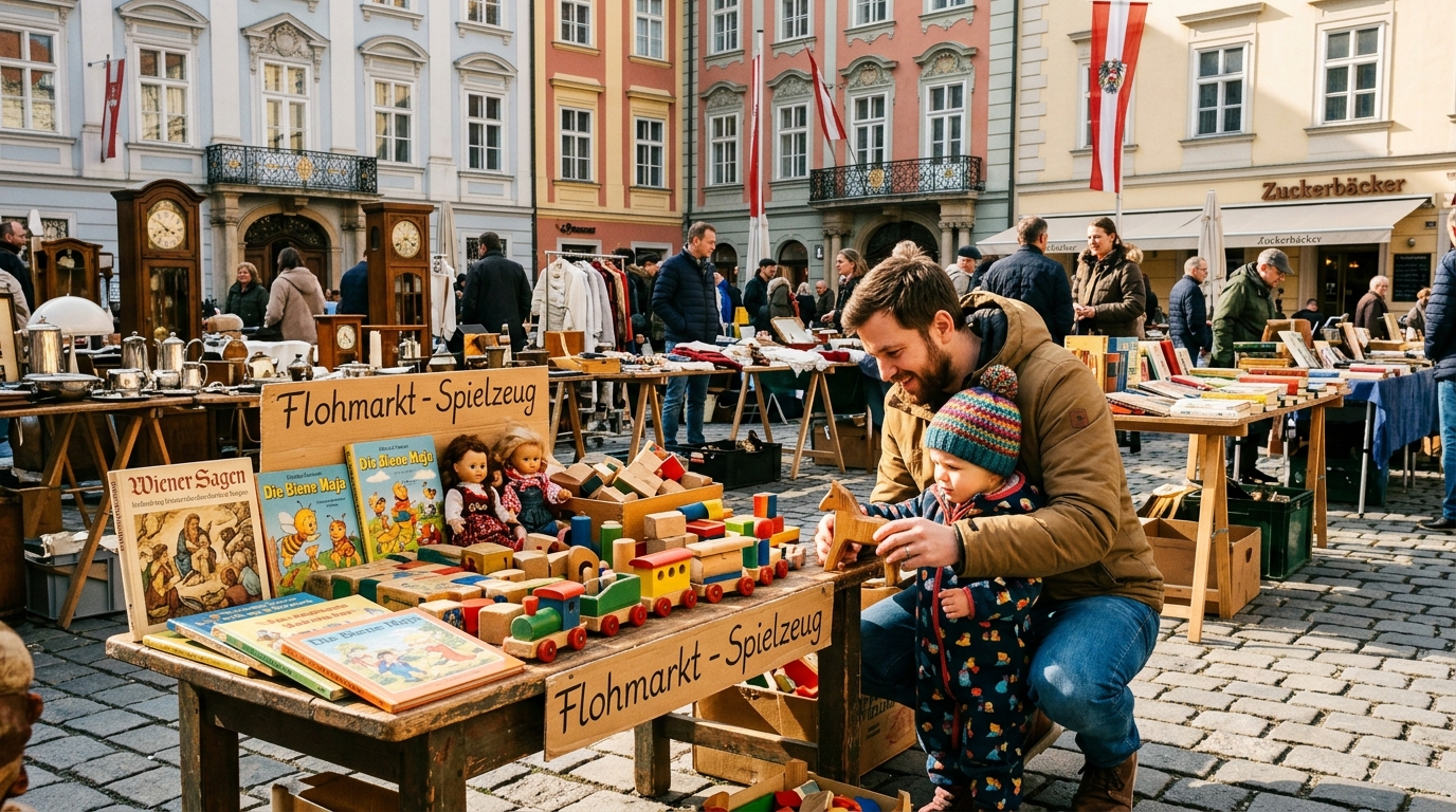 Wiener Flohmarkt mit Holzspielzeug - ein Vater und sein Kind stöbern