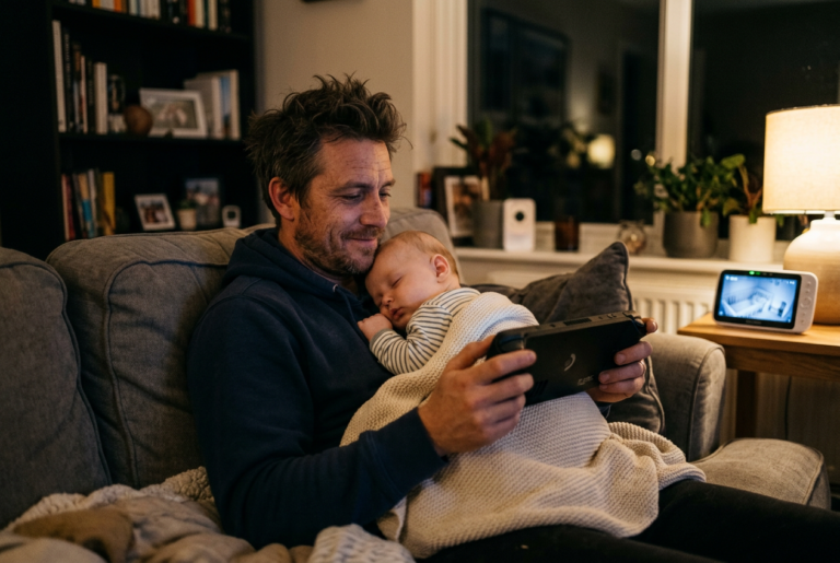 Vater mit Baby auf der Couch, zockt auf Handheld-Konsole während das Kind schläft