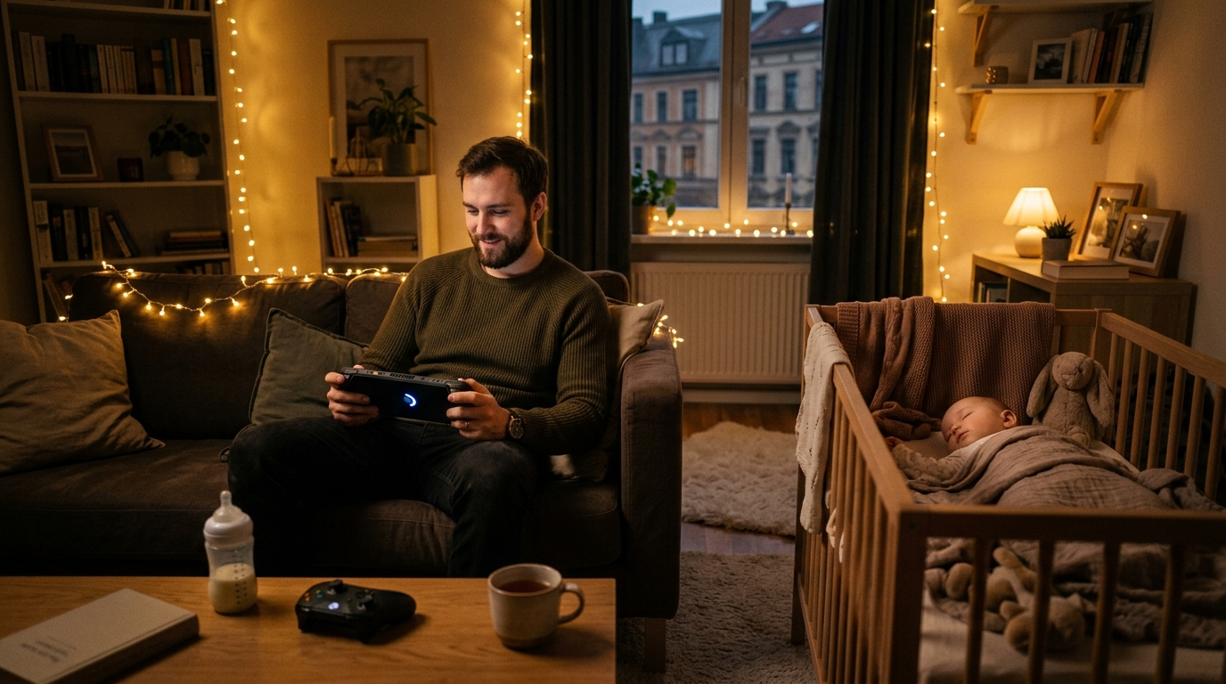 Vater zockt abends auf dem Steam Deck, Baby schläft nebenan