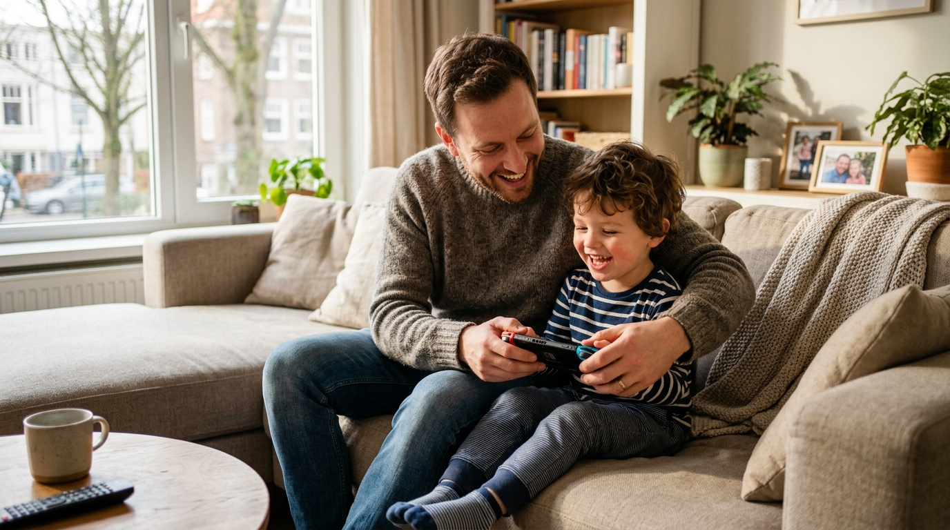 Vater spielt mit Sohn auf der Nintendo Switch