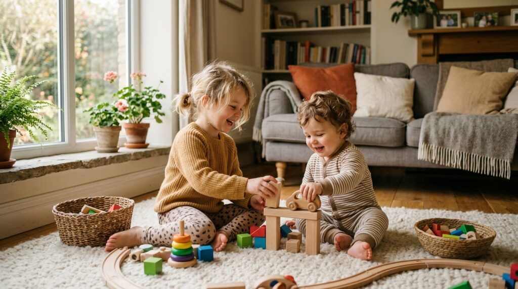 Geschwister - Drei Kinder verschiedenen Alters spielen gemeinsam im Wohnzimmer