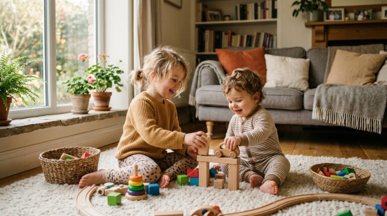 Geschwister - Drei Kinder verschiedenen Alters spielen gemeinsam im Wohnzimmer