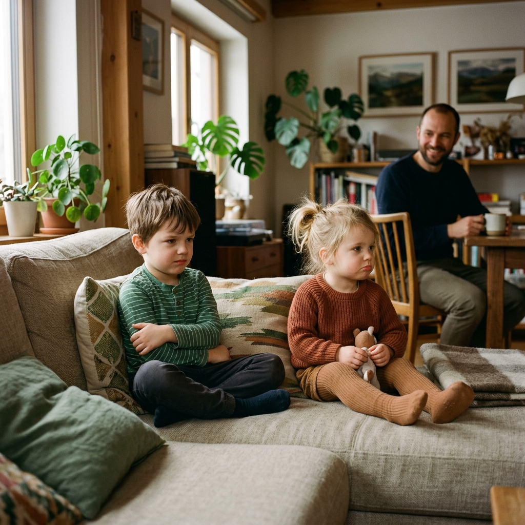 Zwei Kinder auf der Couch, Vater schaut verständnisvoll zu
