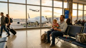 Papa mit Kleinkind am Flughafen – entspannter Start in den Familienurlaub