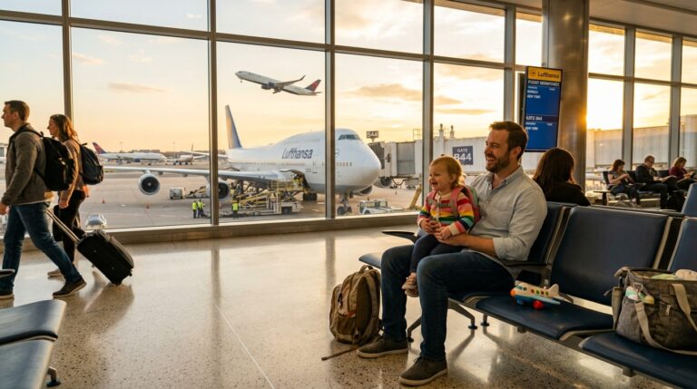 Papa mit Kleinkind am Flughafen – entspannter Start in den Familienurlaub