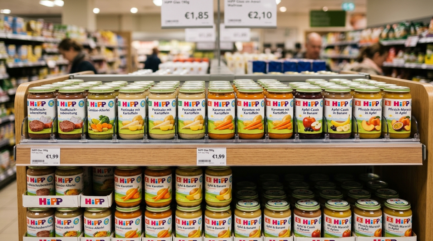 HiPP Babygläschen im Supermarktregal