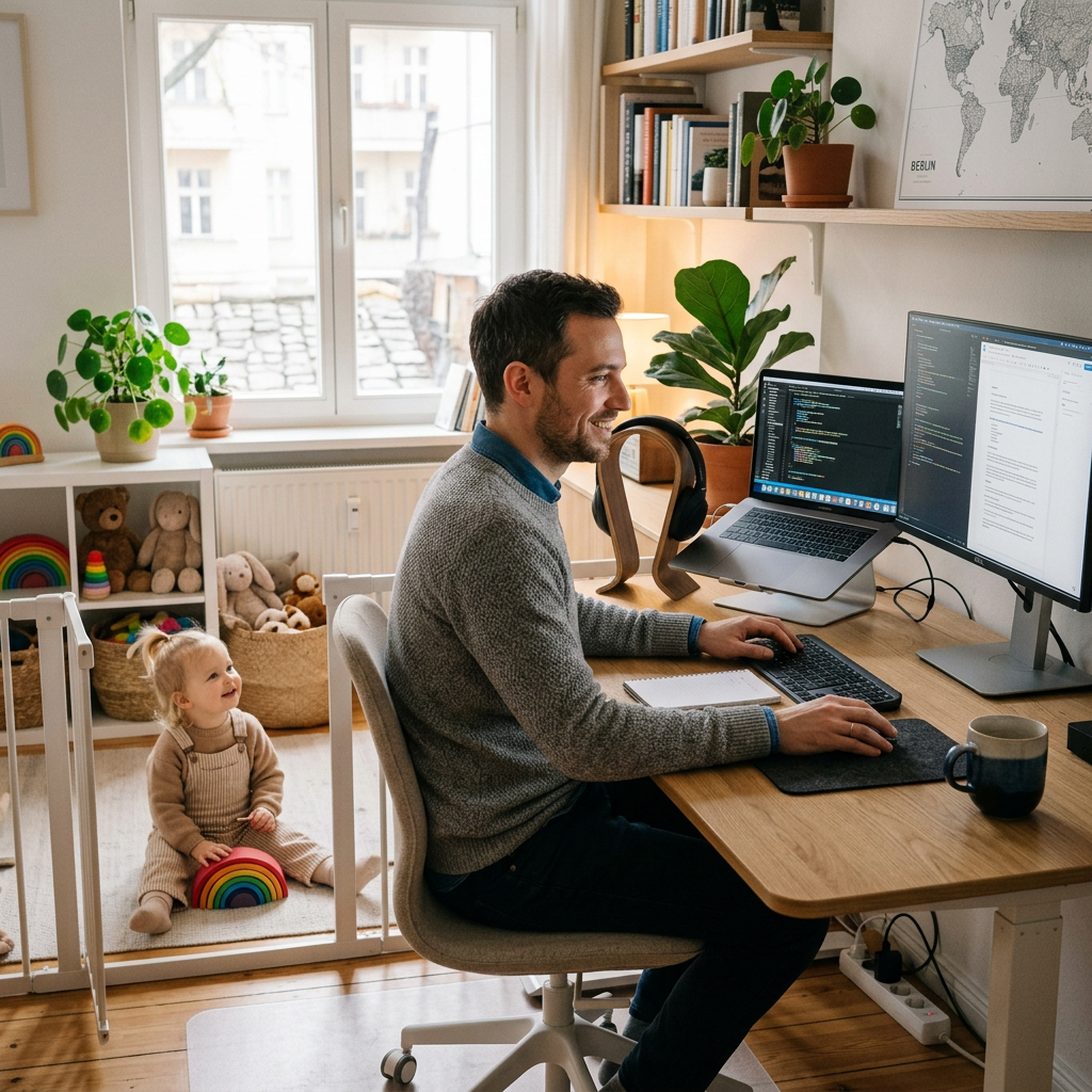 Homeoffice Arbeitsplatz mit Kind - Papa Schreibtisch Setup
