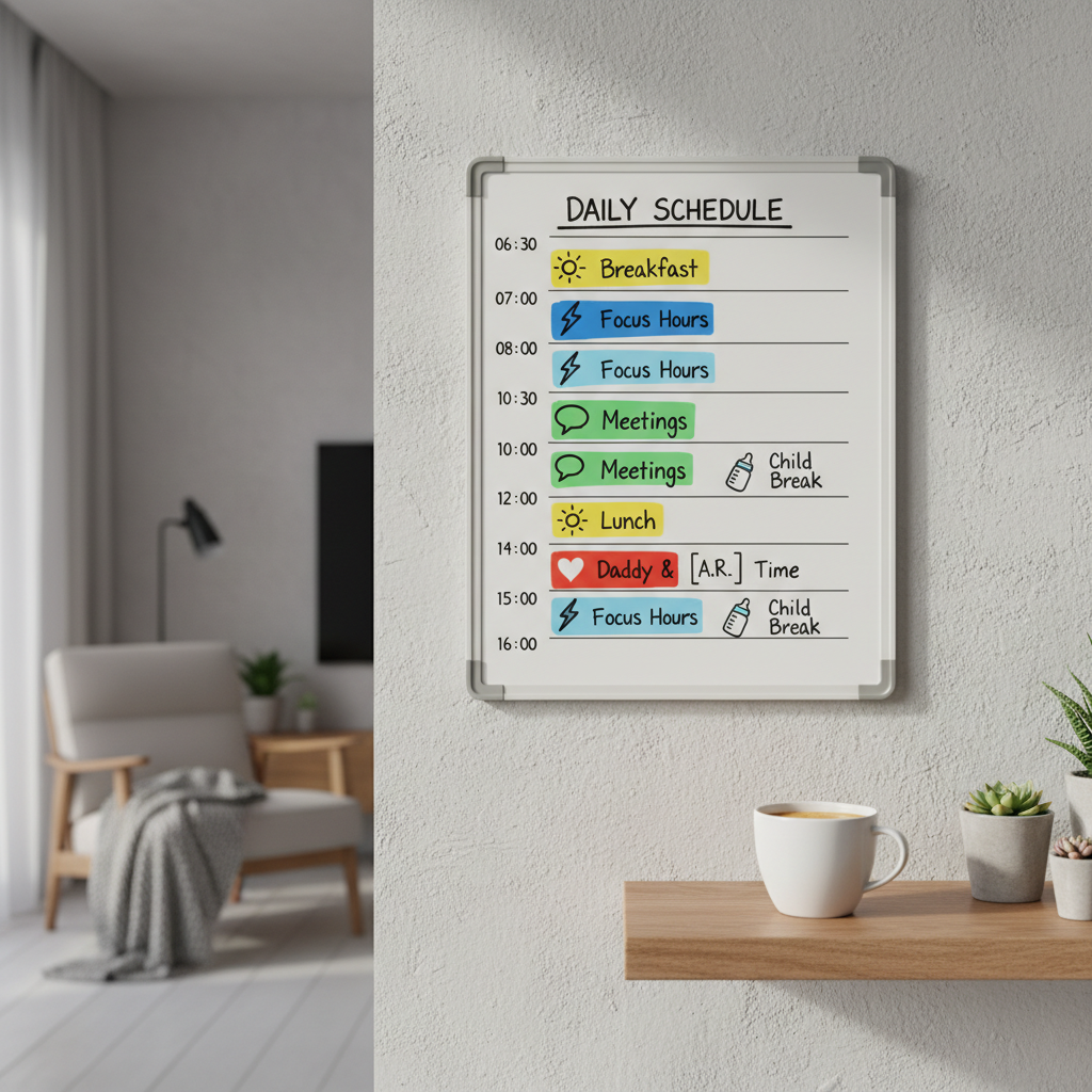 Tagesplan auf Whiteboard mit farbigen Blöcken für Homeoffice mit Kind - 06:30 bis 16:00