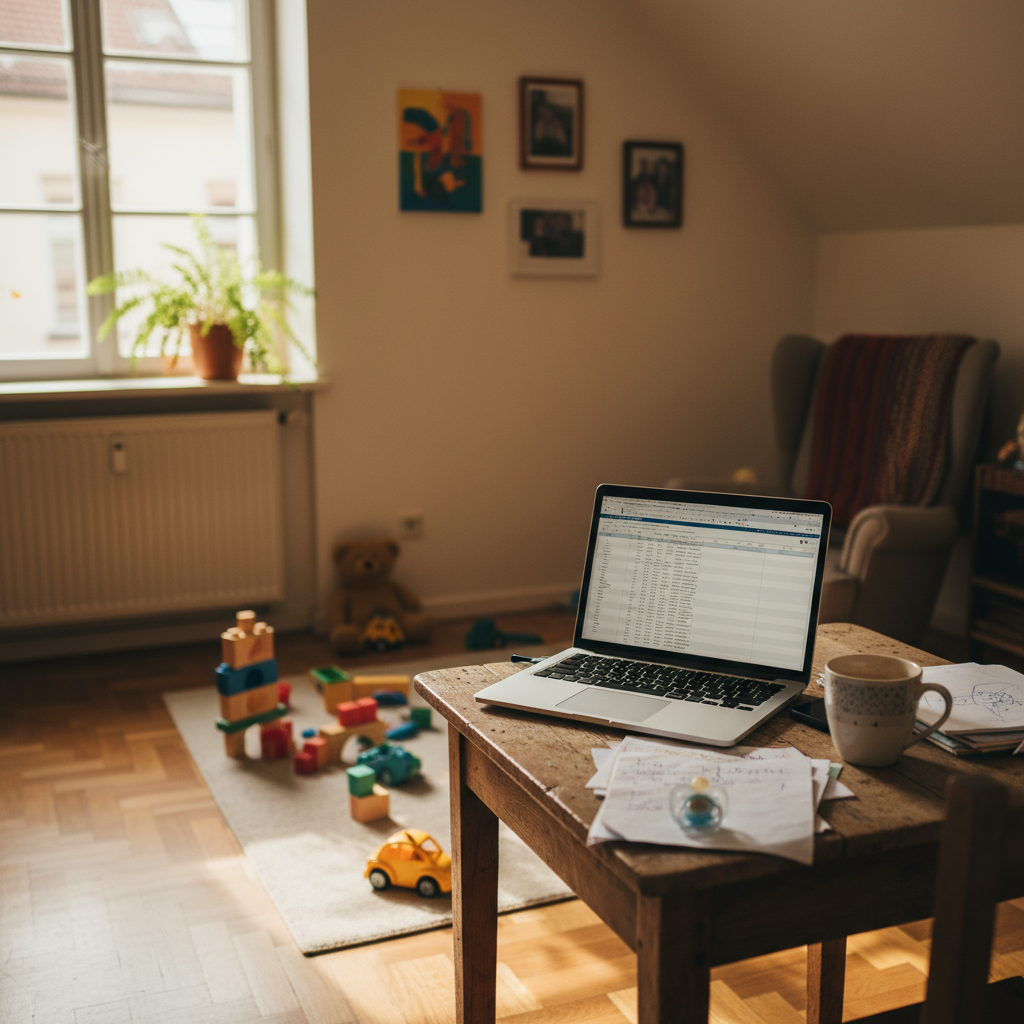 Homeoffice Schreibtisch in der Wohnzimmerecke - Laptop, Kaffee, Baby-Sachen