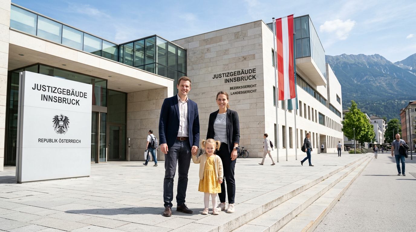 Modernes Gerichtsgebäude mit Familie