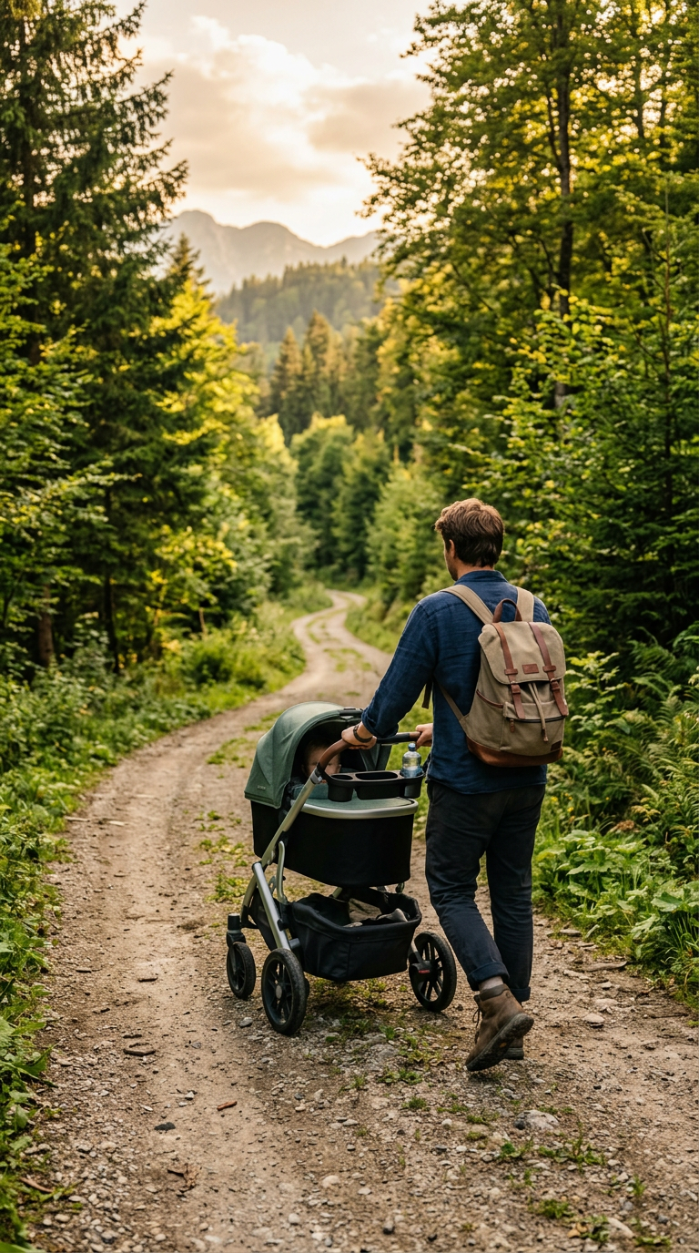 Ein Vater testet einen Kinderwagen auf einem Waldweg - Praxistest zur Geländetauglichkeit