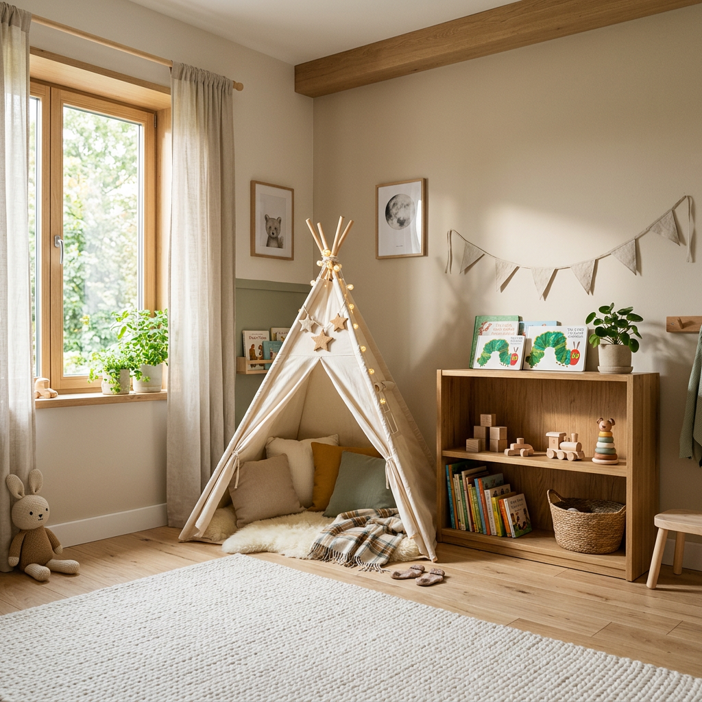 Perfekt gestaltetes Kinderzimmer mit hellen Holzmöbeln, Teppich und Spielbereich